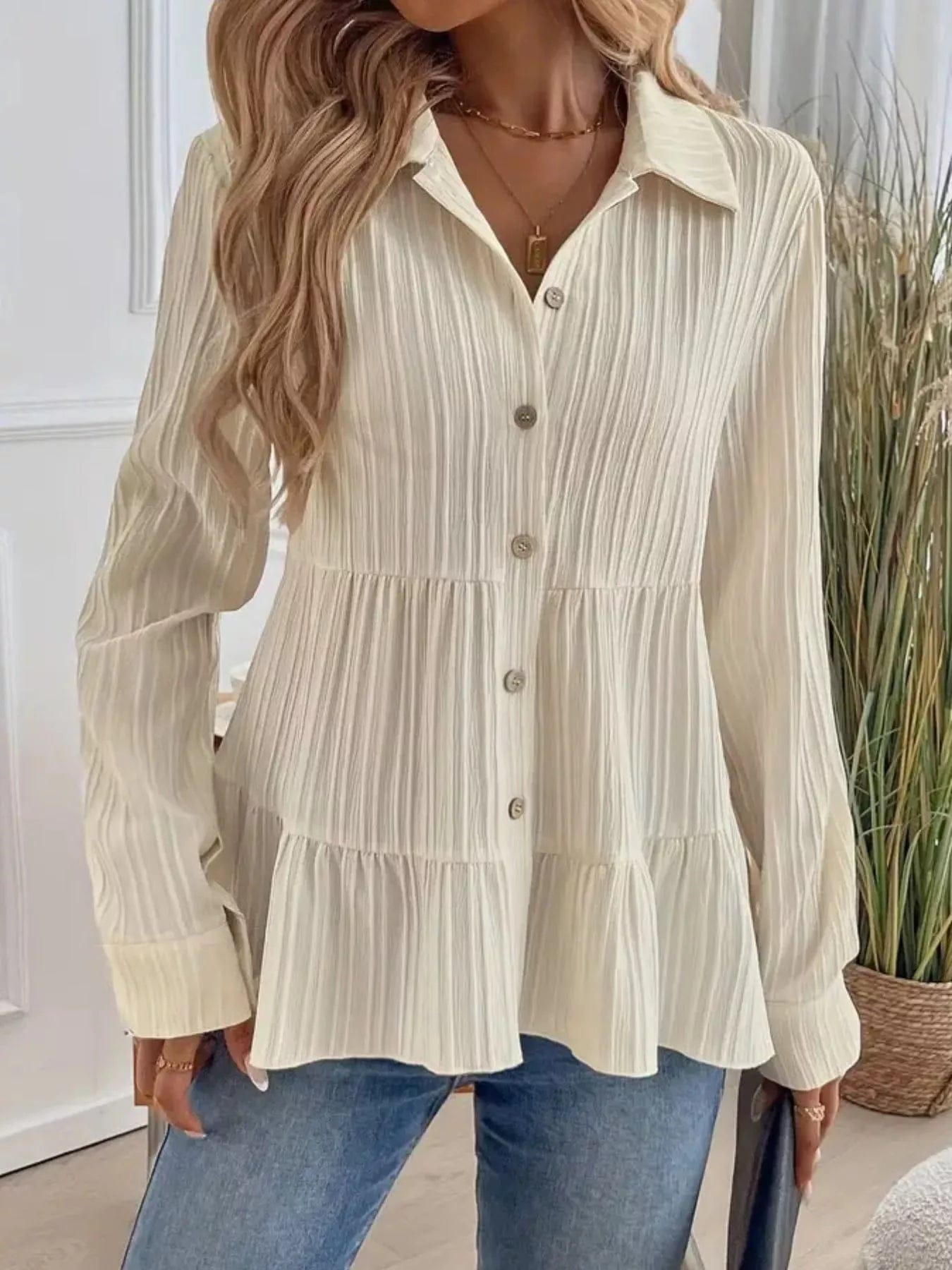 Button-Down Long Sleeve Tiered Shirt for Effortless Style and Versatility - Image 3
