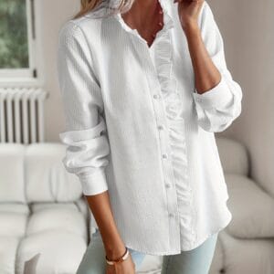 Elegant Ruffle Stand Collar Blouse for Women – White Textured Commuter Shirt
