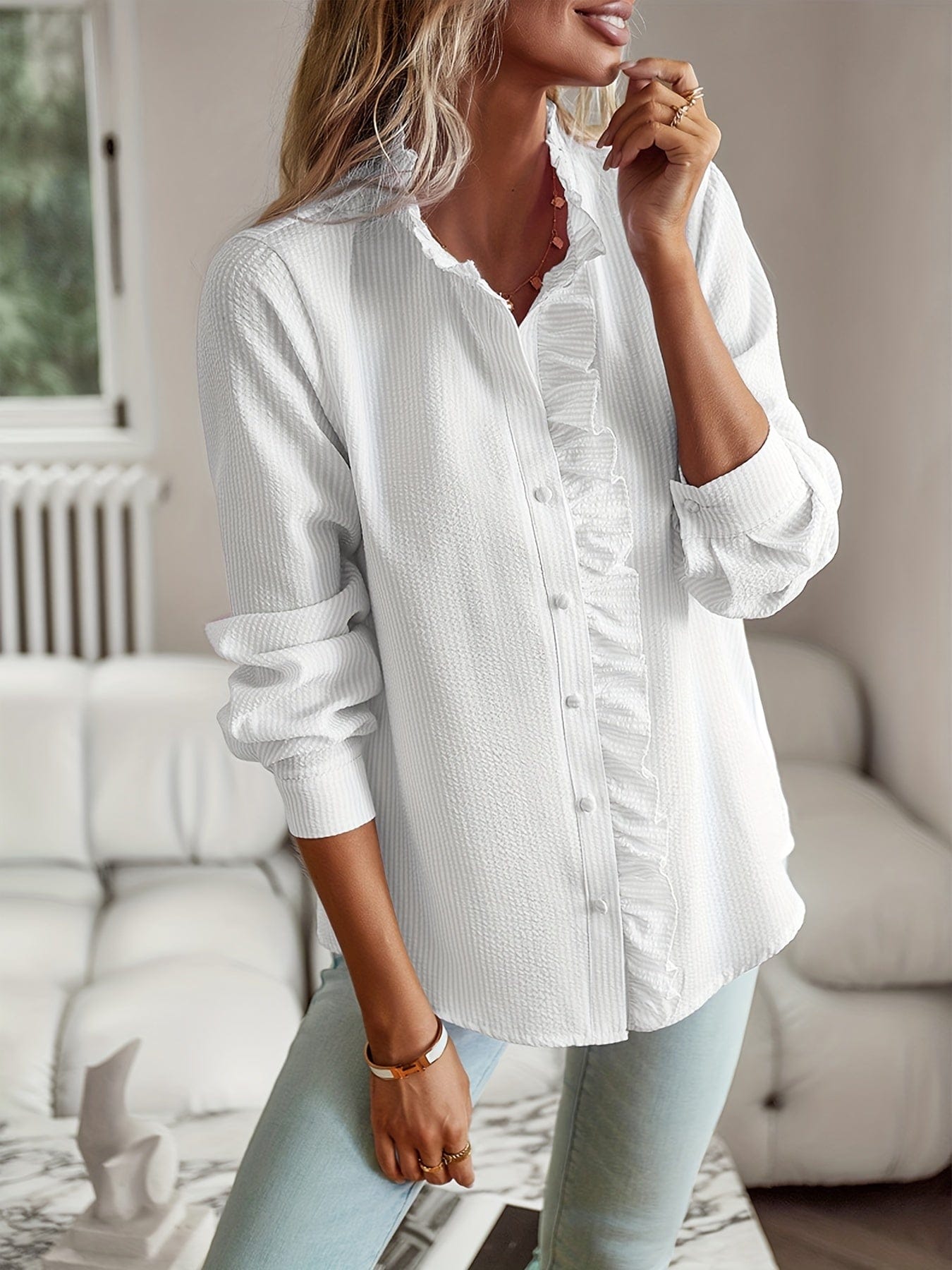 Elegant Ruffle Stand Collar Blouse for Women – White Textured Commuter Shirt