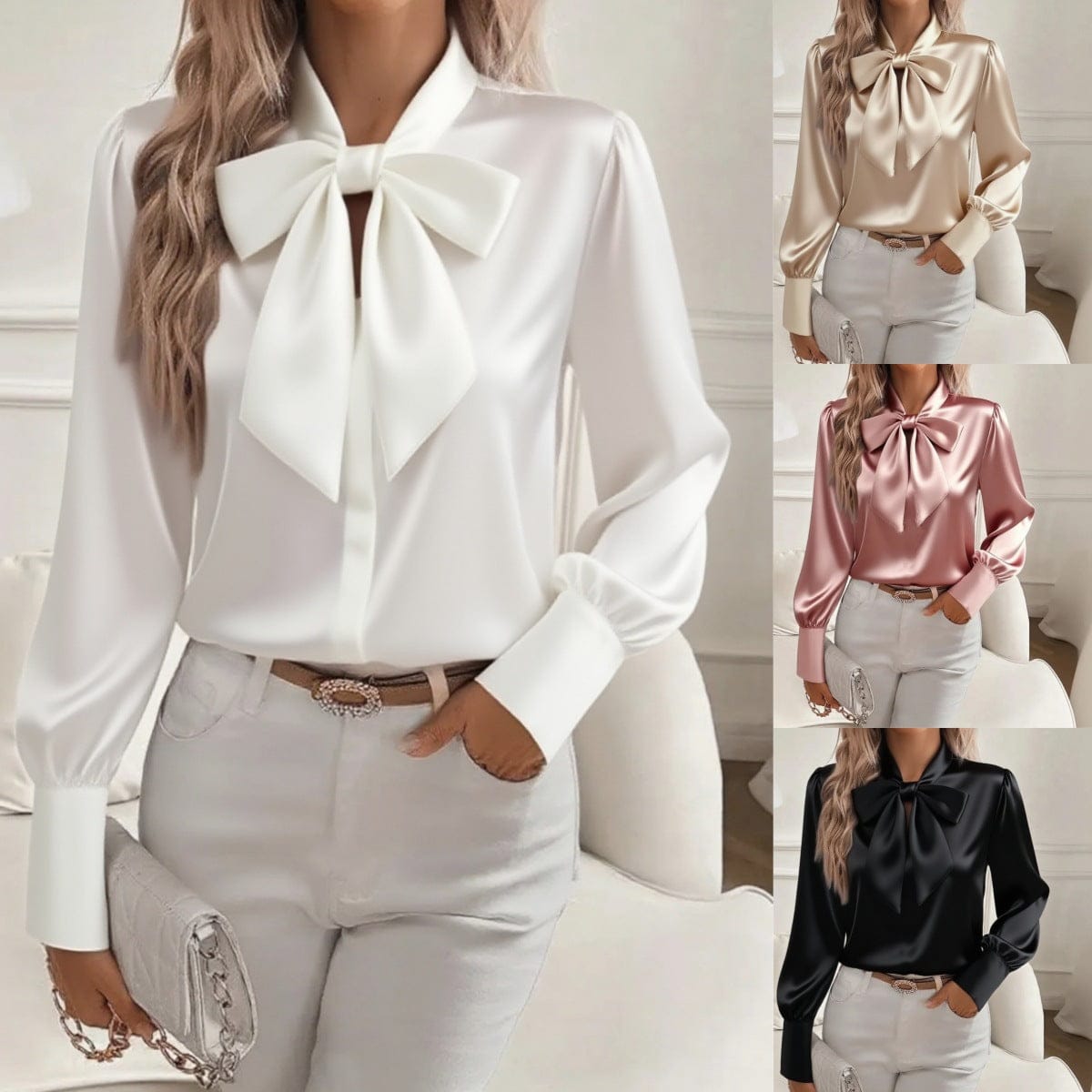 Women’s Bow Detail Blouse – Elegant Solid Color Top