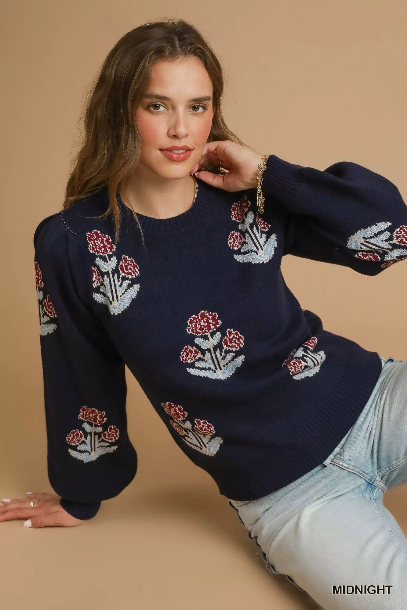 Floral Knit Sweater with Puff Sleeves - Stylish and Trendy Floral Sweater - Image 5