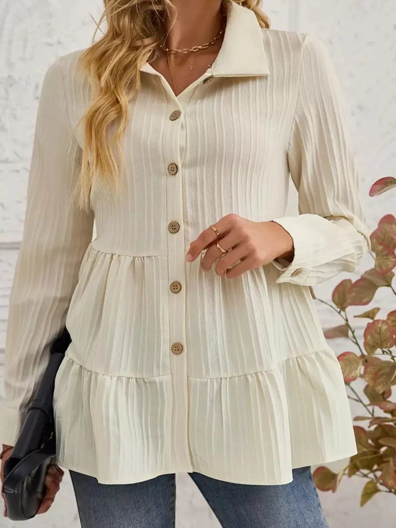 Button-Down Long Sleeve Tiered Shirt for Effortless Style and Versatility - Image 5