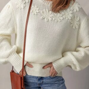 Flower Detail Puff Sleeve Sweater with Contrast Textured Round Neck