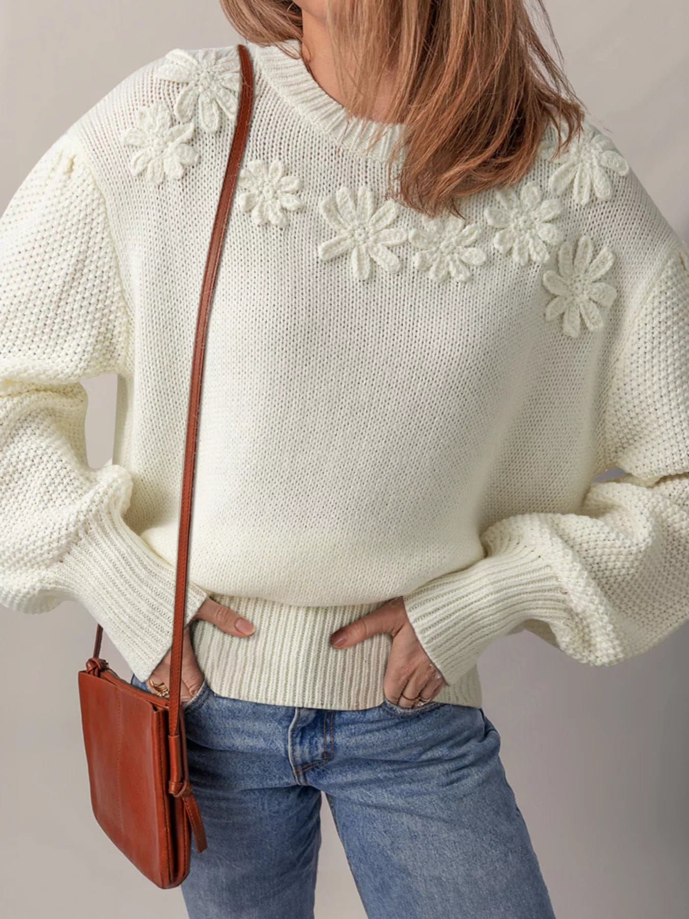 Flower Detail Puff Sleeve Sweater with Contrast Textured Round Neck
