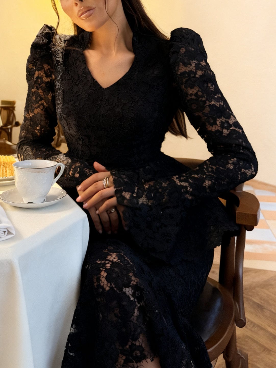 Glamorous Black Lace Peplum Top Set with Midi Skirt - Image 2
