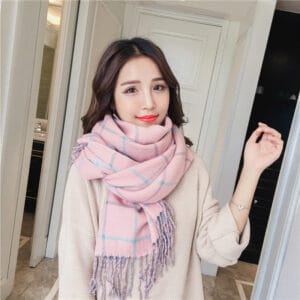Double-Sided Plaid Scarf | Reversible Warm Tassel Wrap
