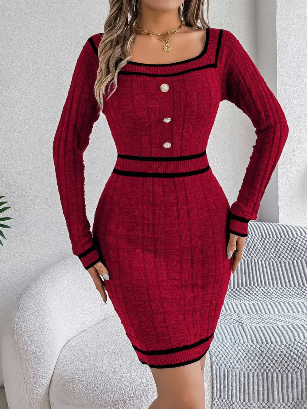 Contrast Trim Sweater Dress - Long Sleeve Style for Effortless Elegance - Image 2