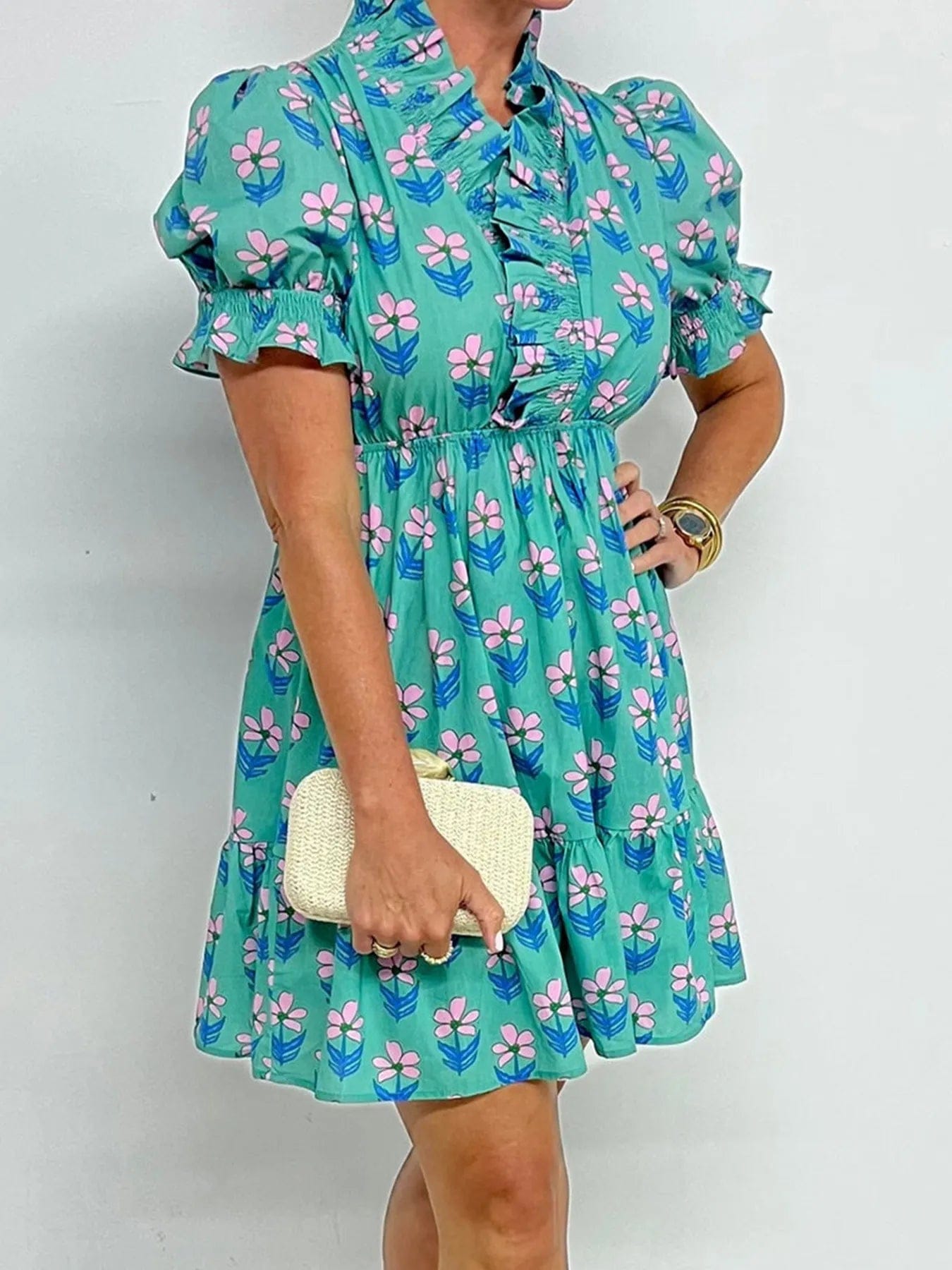 Floral Puff Sleeve Dress - Elegant Floral Print Shirt Dress