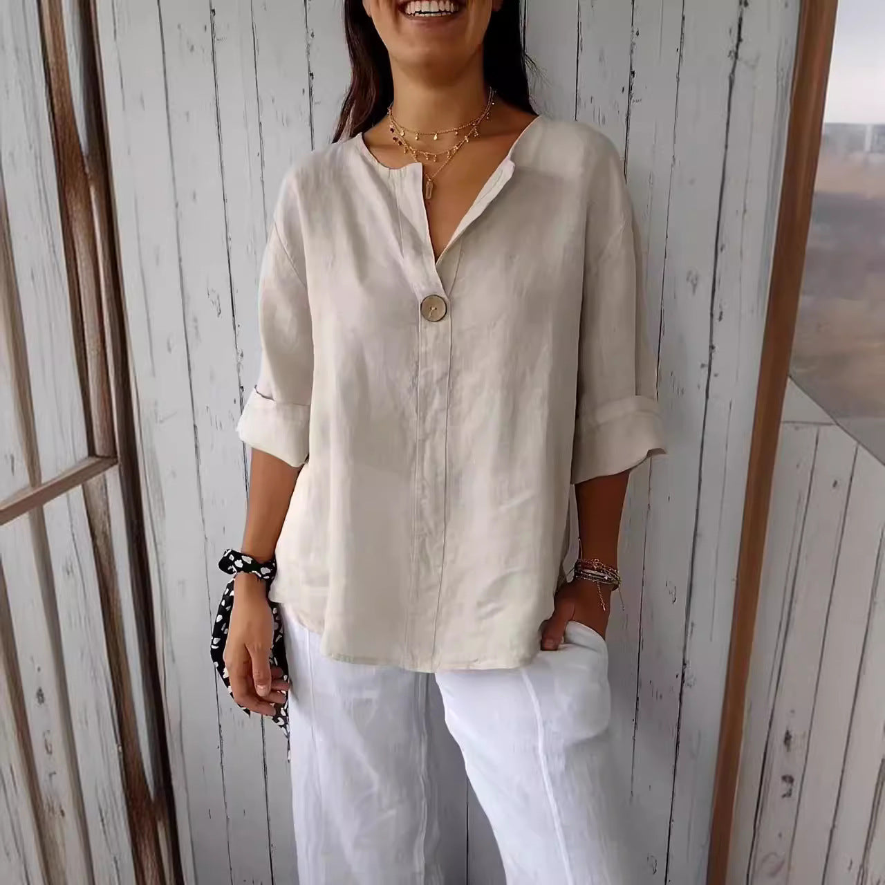 Women’s Cotton Linen Button Pullover Top – Casual Commuter Blouse - Image 5