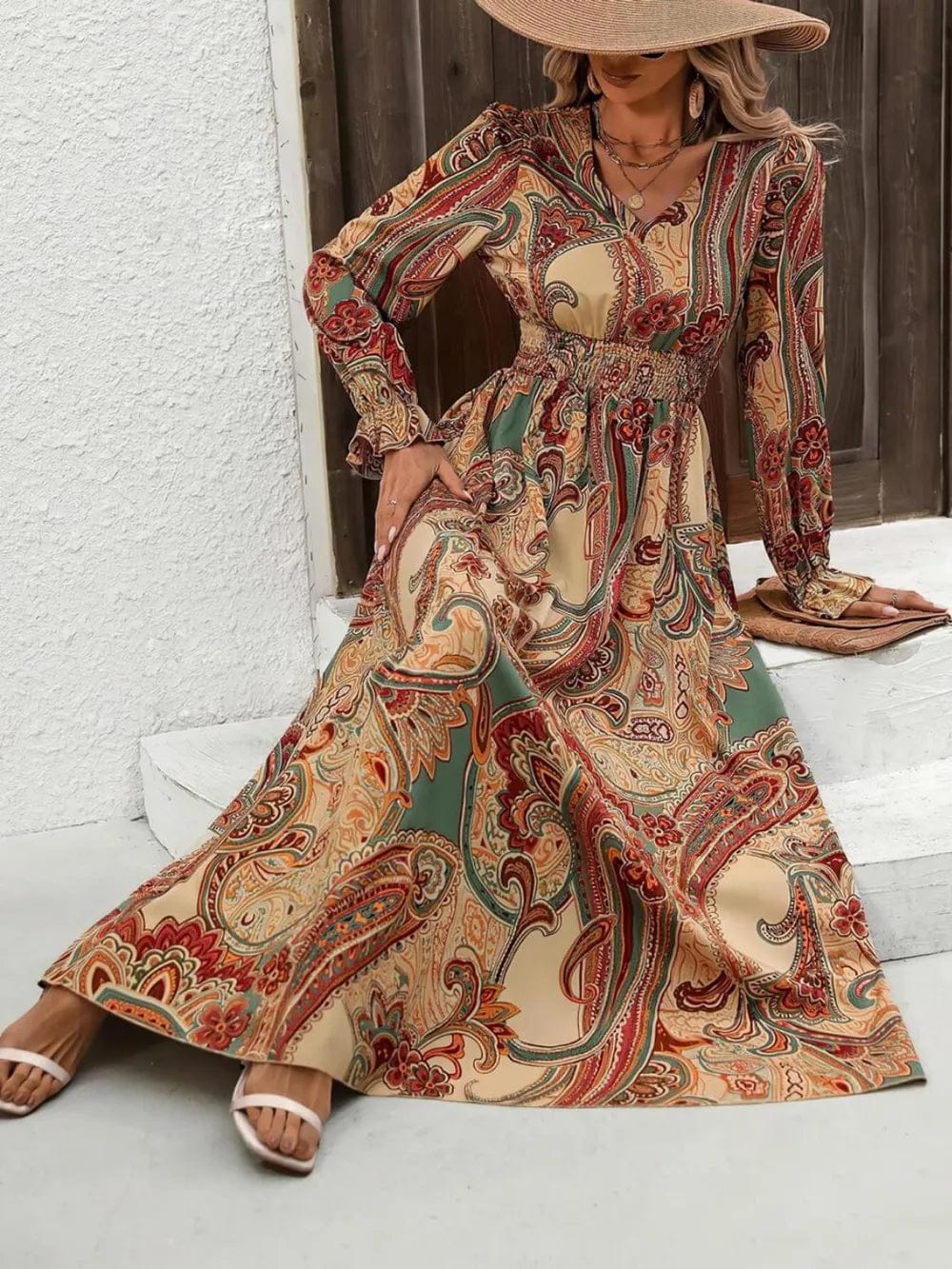 Smocked Printed V-Neck Dress with Flounce Sleeves - Image 4