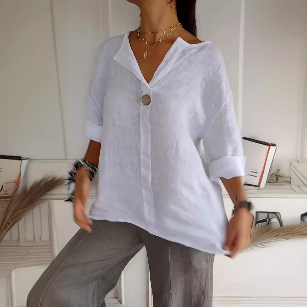 Women’s Cotton Linen Button Pullover Top – Casual Commuter Blouse - Image 2