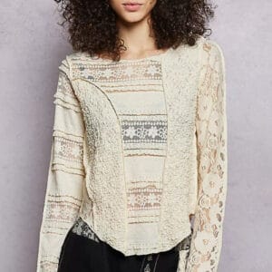 Women's Lace Long Sleeve Top - Elegant Slim-Fit Round Neck Blouse