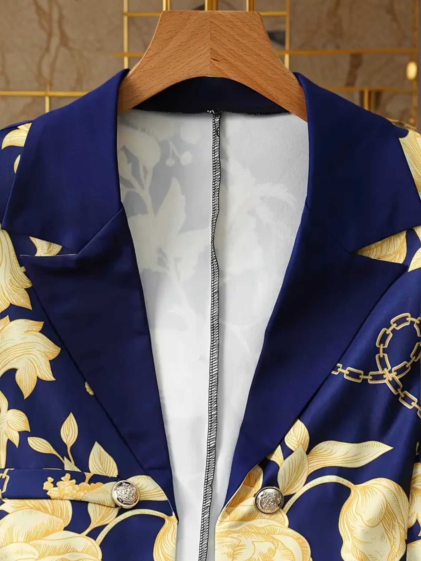 New Ladies' Elegant High-end Printed Dress Set, Chain Printed Slim Fit Suit Jacket With Pure Blue Leggings, Two-piece Suit Set, Machine Washable, Fashionable All Year Round - Image 4