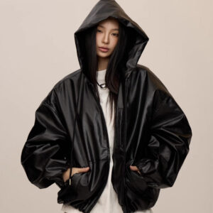 Women's Leather Hooded Coat in Black