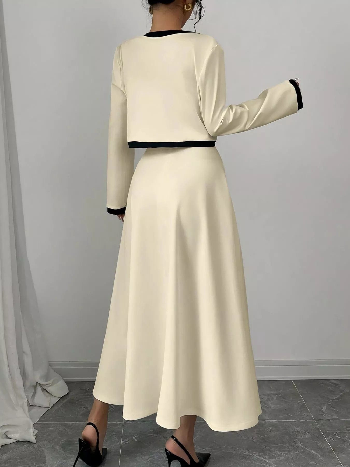 Contrast Trim Maxi Dress Set with Cropped Cardigan - Image 2