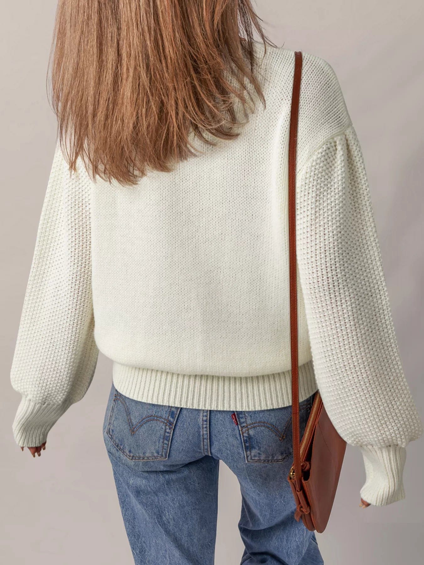 Flower Detail Puff Sleeve Sweater with Contrast Textured Round Neck - Image 2