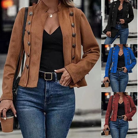 Metal Buckle Velvet Coat - Retro Long-sleeved Style for Timeless Elegance