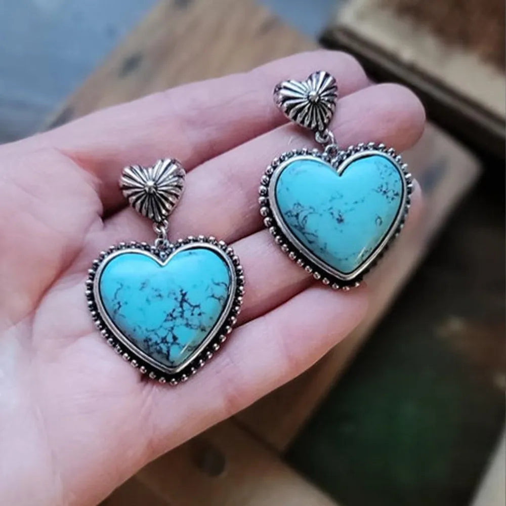 Valentines Day-Artificial Turquoise Alloy Heart Dangle Earrings - Image 2