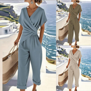 Women’s Commuter Two Piece Set – Polyester Top & Cropped Pants Outfit