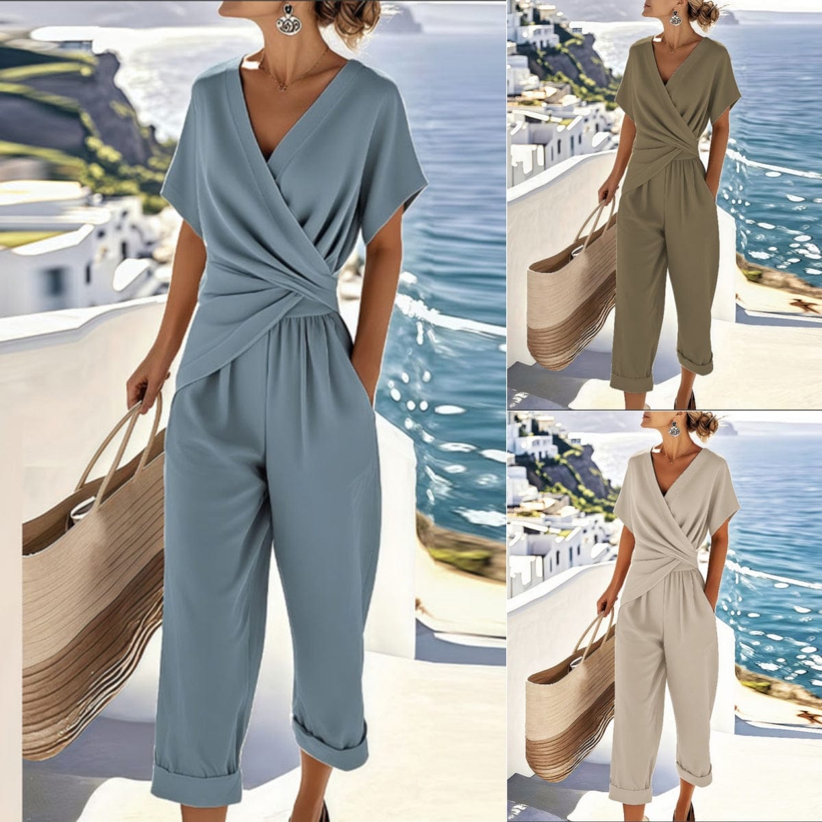 Women’s Commuter Two Piece Set – Polyester Top & Cropped Pants Outfit