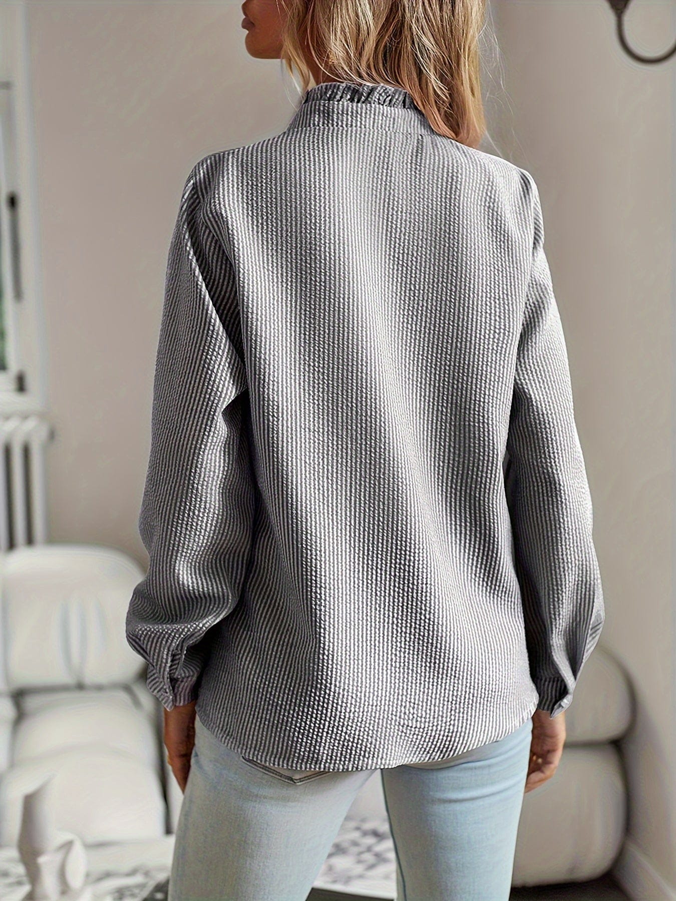 Elegant Ruffle Stand Collar Blouse for Women – White Textured Commuter Shirt - Image 3