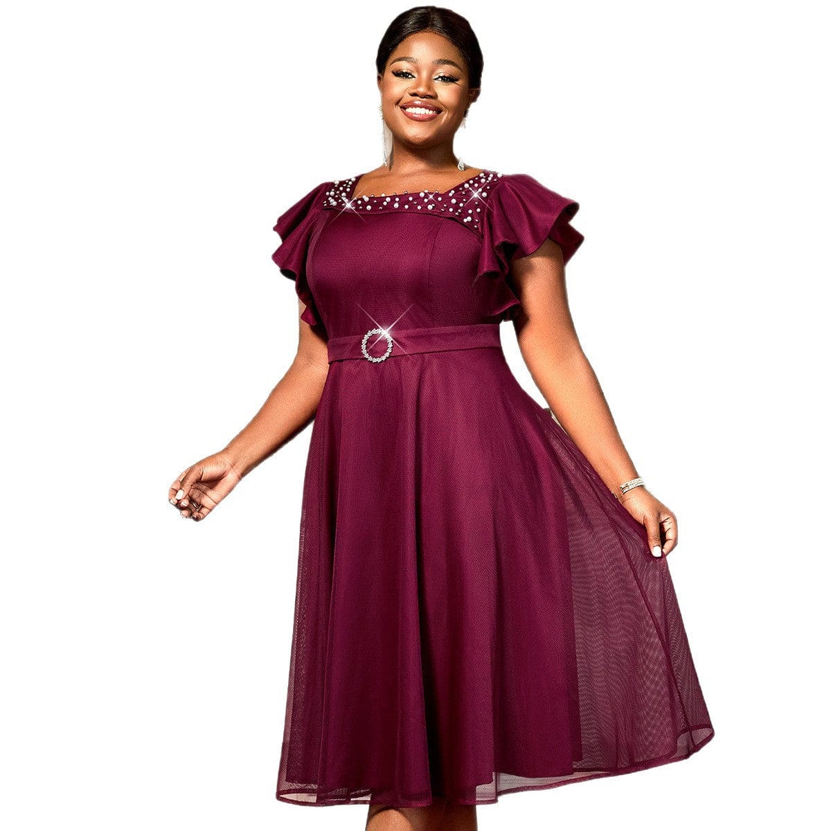 Wine Red Plus Size A-Line Midi Dress Ruffled Sleeves Beaded Socialite Gown - Image 3