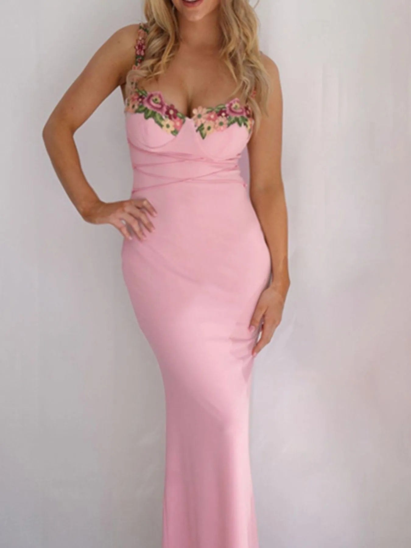 Floral Bodycon Dress with Tie Detail and Trim - Image 3
