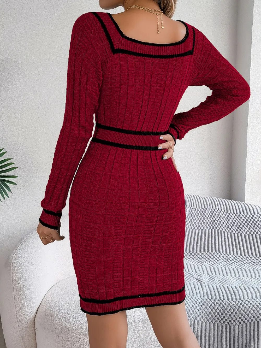 Contrast Trim Sweater Dress - Long Sleeve Style for Effortless Elegance - Image 3