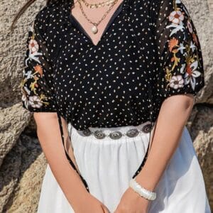 Plus Size Printed Blouse with Tie Neck and Half Sleeves