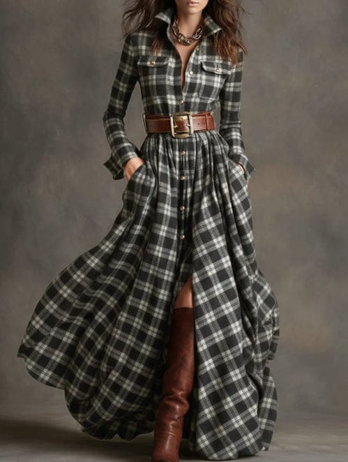 Women’s Plaid Stitching Dress – Mid-Waist Geometric Pattern Style - Image 2