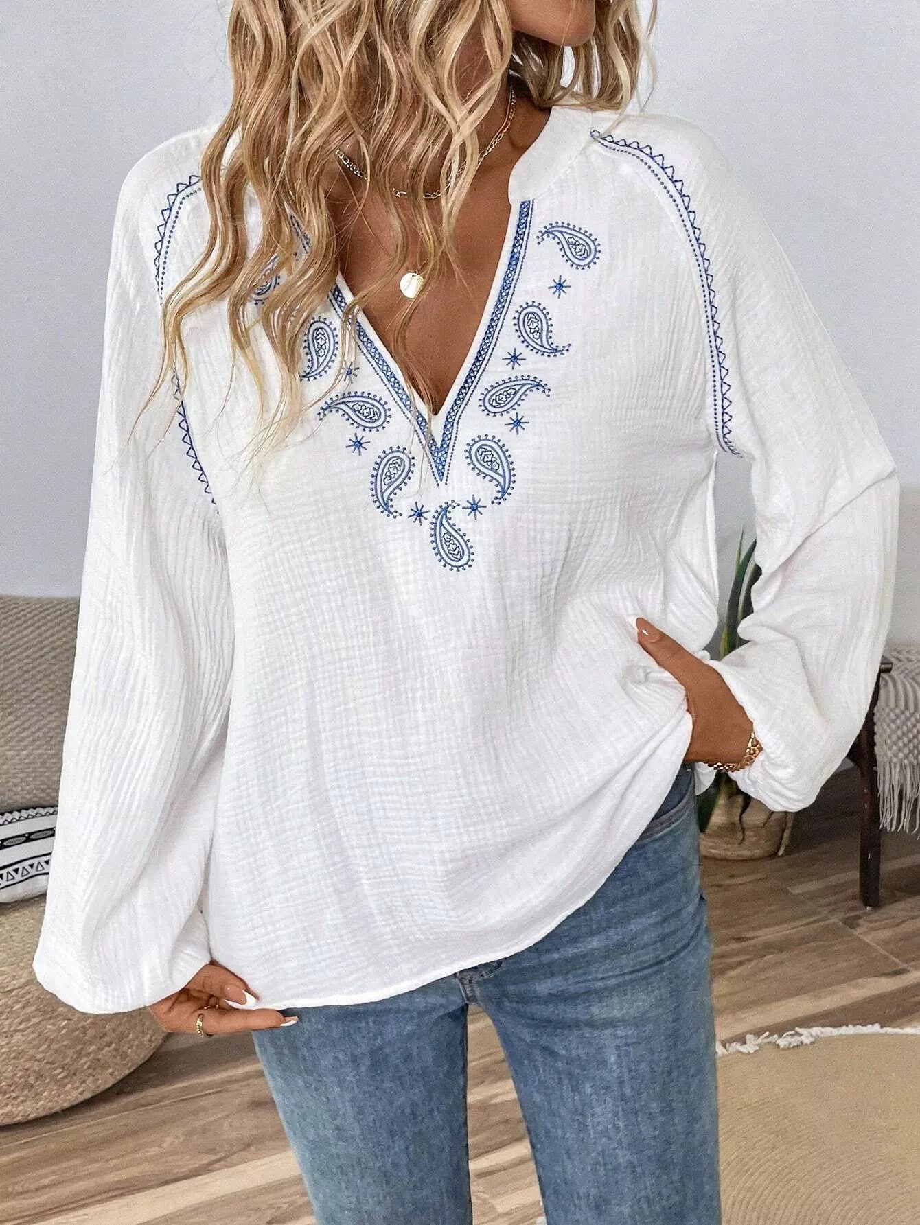 Paisley Balloon Sleeve Blouse with Notched Detail