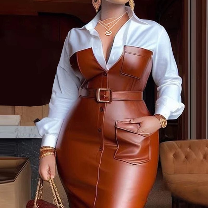 V-Neck Leather Trim Shirt Dress – Belted Statement Work-to-Evening Dress - Image 3