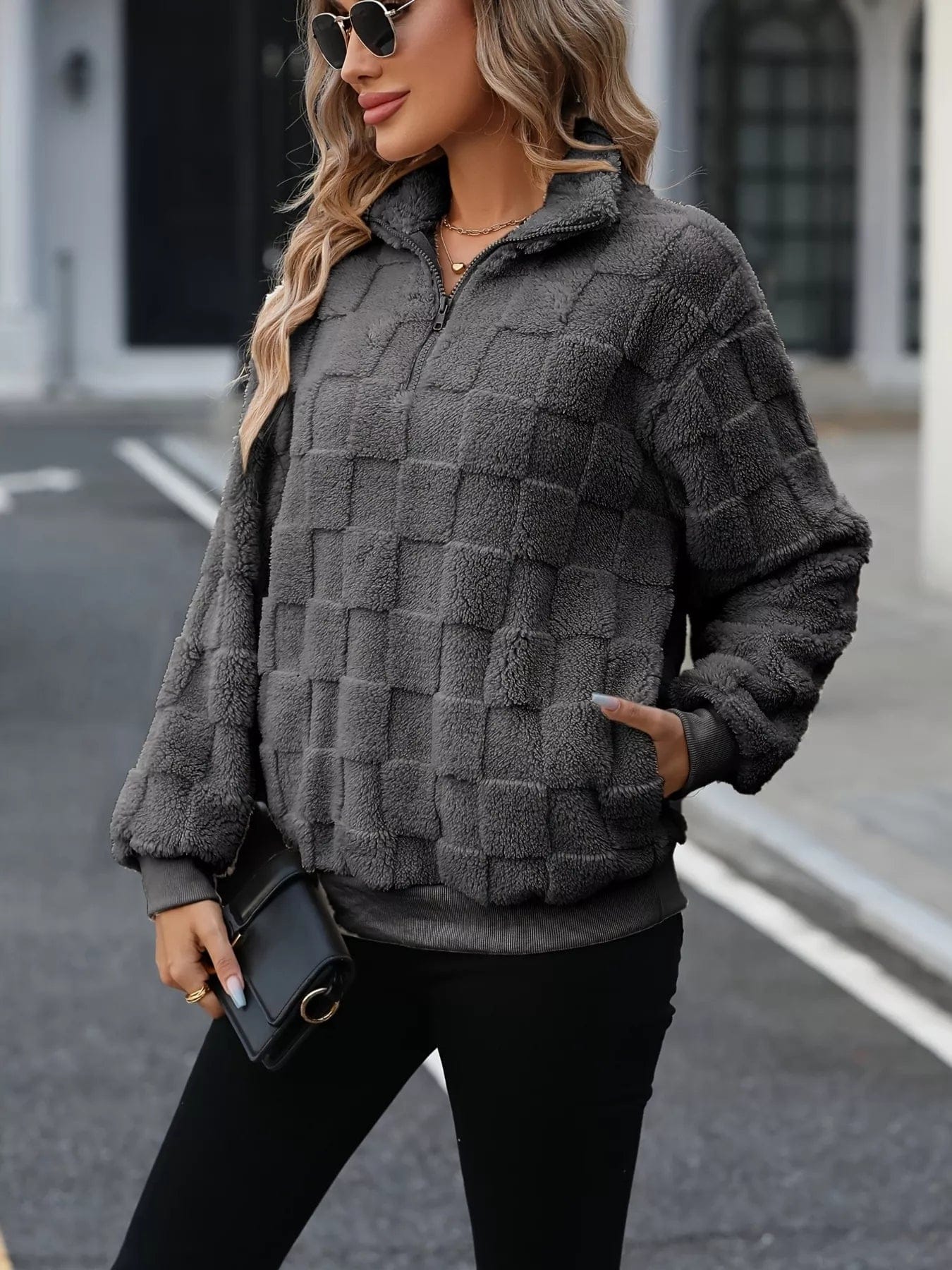 Cozy Checkered Fleece Sweatshirt with Quarter Zip Design - Image 5