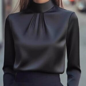 Mock Neck Long Sleeve Blouse with Pleated Detail