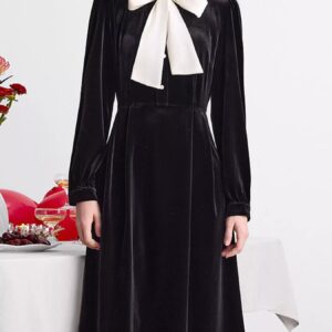 Velvet Bowknot Long Sleeve Dress for Elegant A-Line Style