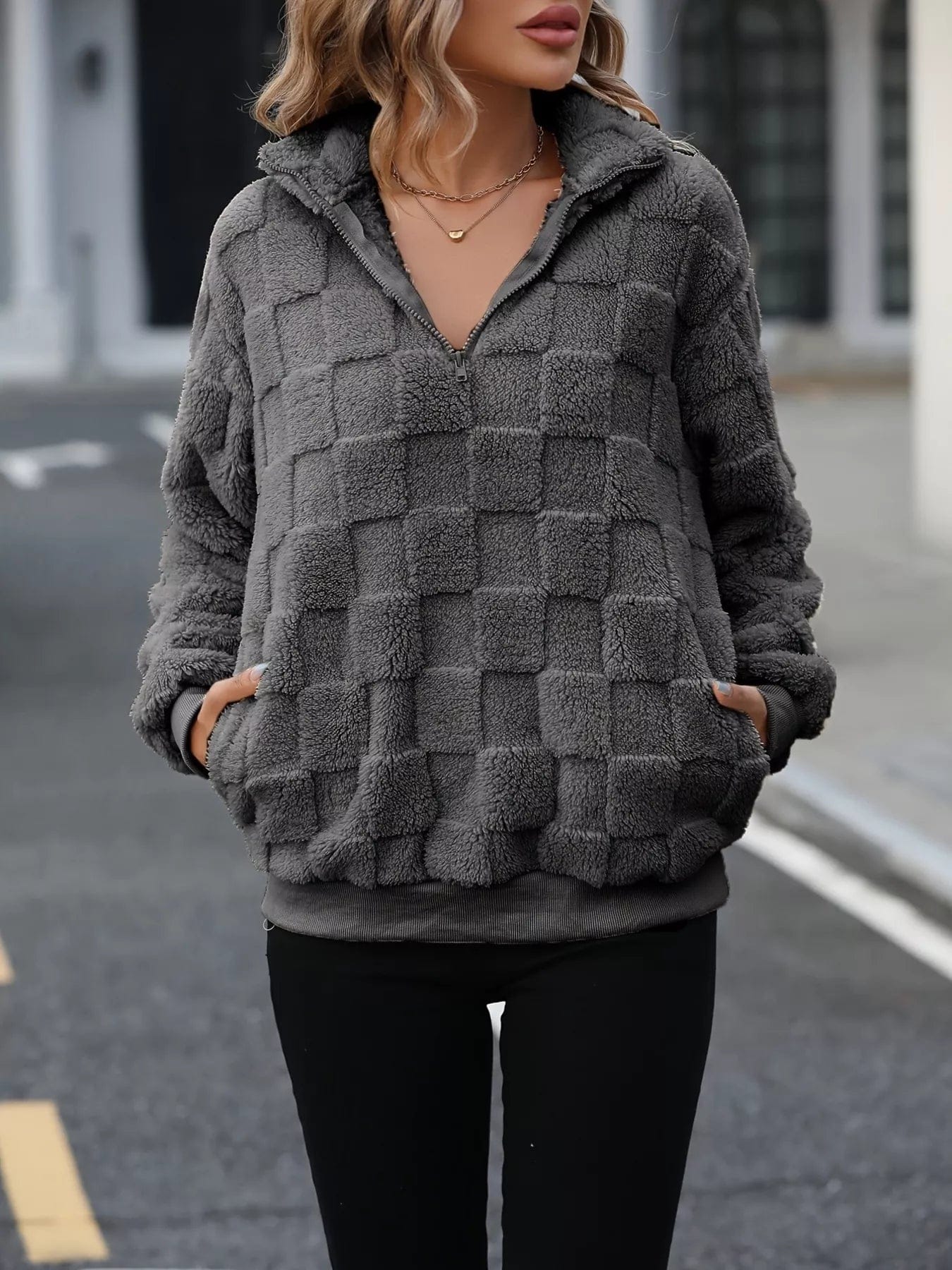 Cozy Checkered Fleece Sweatshirt with Quarter Zip Design - Image 3