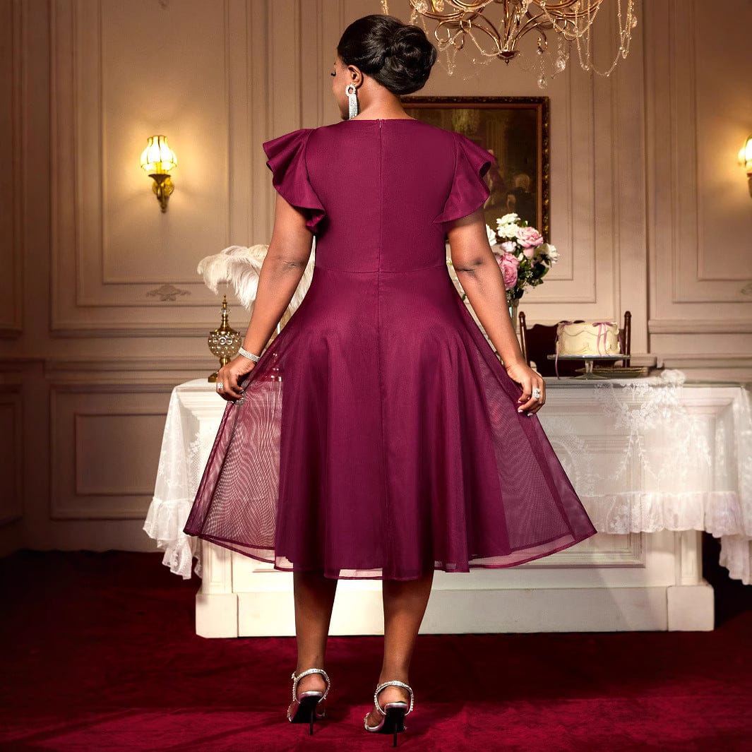 Wine Red Plus Size A-Line Midi Dress Ruffled Sleeves Beaded Socialite Gown - Image 4