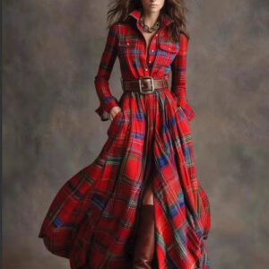 Women’s Plaid Stitching Dress – Mid-Waist Geometric Pattern Style