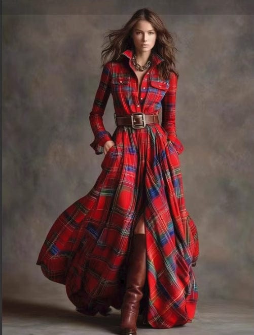 Women’s Plaid Stitching Dress – Mid-Waist Geometric Pattern Style