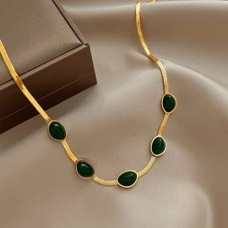 Women’s Green Retro Jewelry Set - Titanium Steel Necklace & Bracelet - Image 3