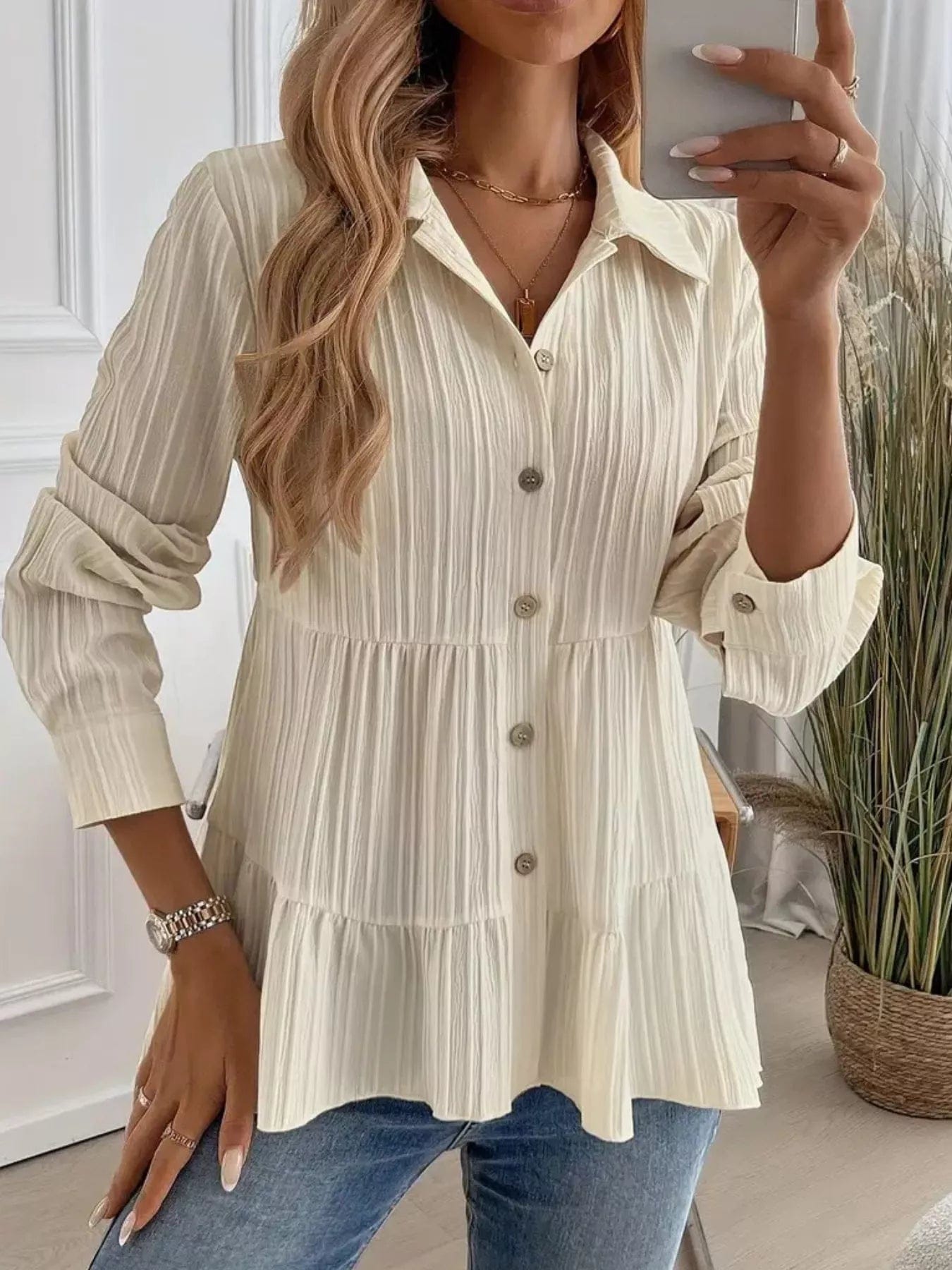 Button-Down Long Sleeve Tiered Shirt for Effortless Style and Versatility