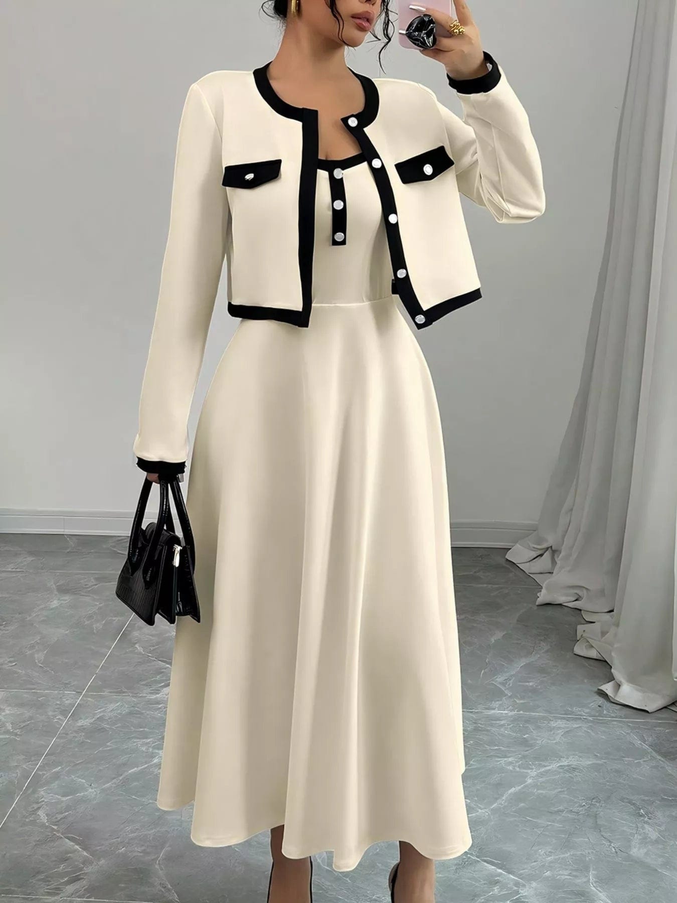 Contrast Trim Maxi Dress Set with Cropped Cardigan - Image 4