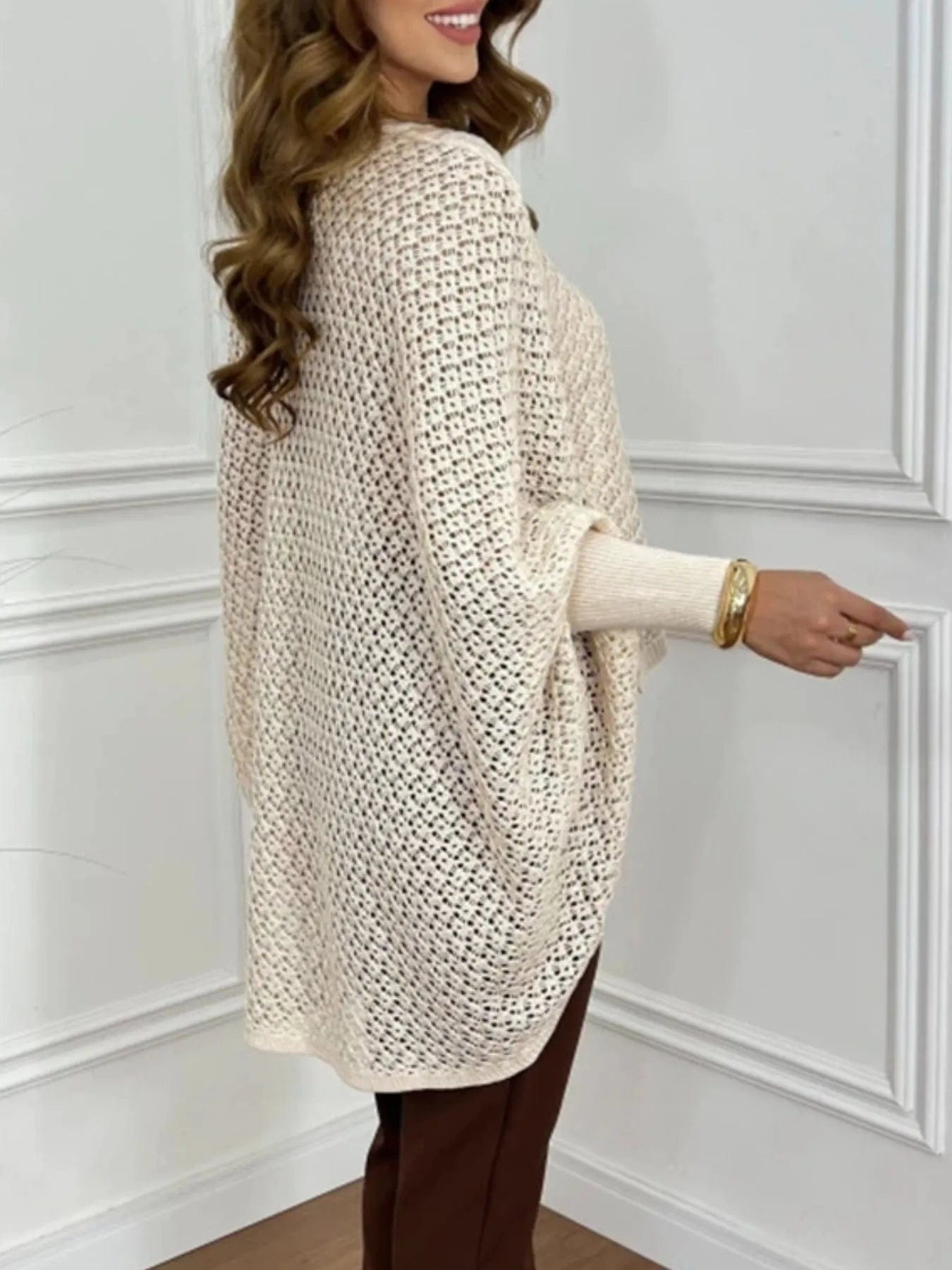 Crochet Oversized Sweater with V-Neck and Batwing Sleeves - Image 2