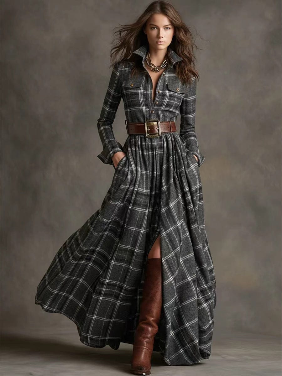 Women’s Plaid Stitching Dress – Mid-Waist Geometric Pattern Style - Image 5
