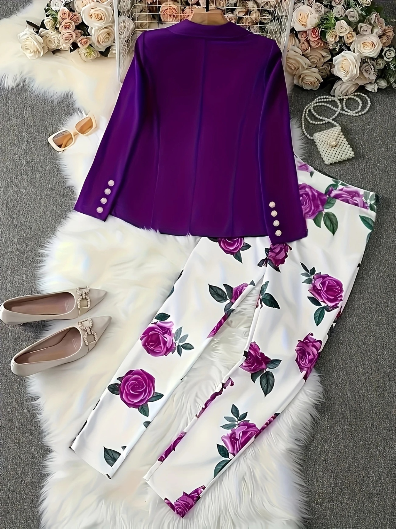 New Elegant And Fashionable Casual Floral Print Set, Double Breasted Purple Suit Jacket And Floral Print High Waisted Slim Pants, Spring And Autumn Women’s Clothing - Image 5