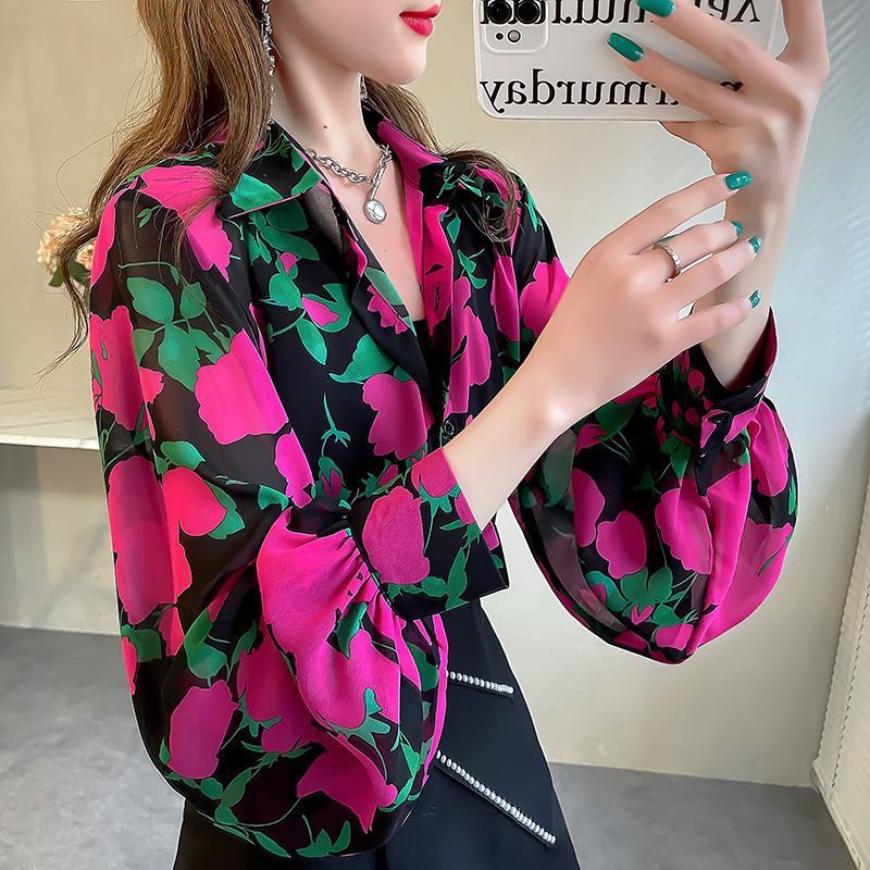 Chiffon Floral Blouse with Lantern Sleeves