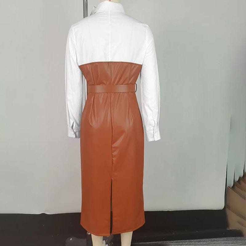 V-Neck Leather Trim Shirt Dress – Belted Statement Work-to-Evening Dress - Image 5