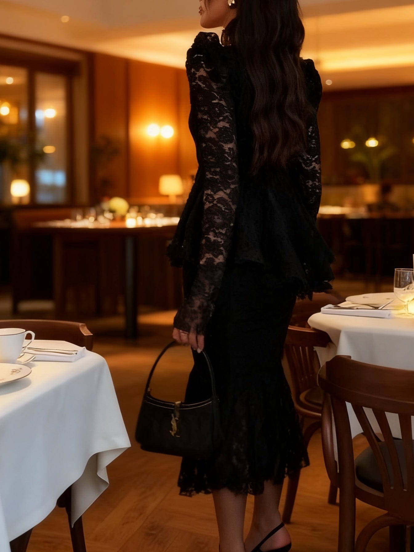 Glamorous Black Lace Peplum Top Set with Midi Skirt - Image 3
