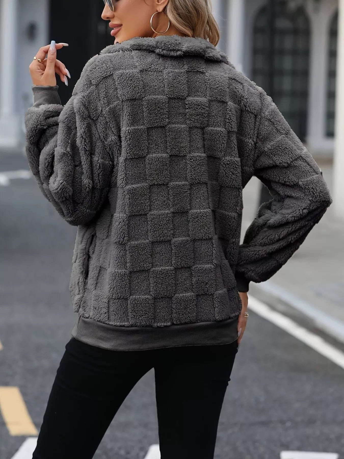 Cozy Checkered Fleece Sweatshirt with Quarter Zip Design - Image 2