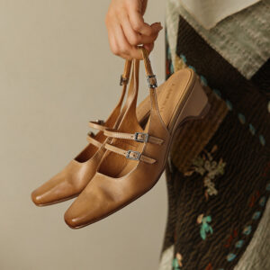 Women’s Leather Mary Jane Slingback Shoes – Square Toe Hidden Wedge Pumps